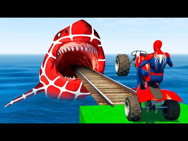 الأبطال الخارقين على القضبان دوامة قمع جسر ️ RAINBOW SPIDER MAN! on Motorcycle in Spiral Bridge