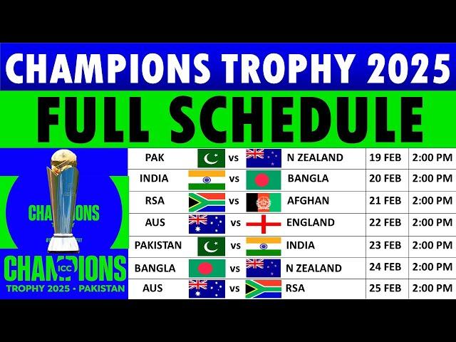 ICC Champions Trophy 2025 Schedule | Champions Trophy 2025 Schedule