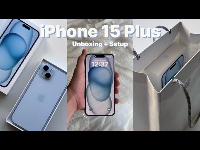  iPhone 15 Plus Blue Aesthetic  Unboxing + Setup | 🫐🫧