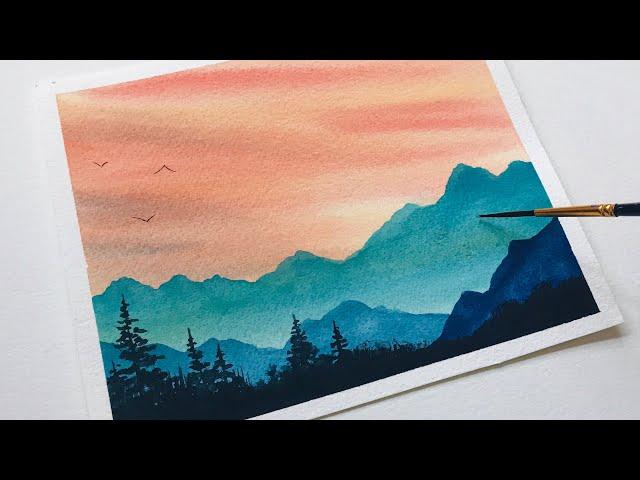 watercolor painting landscape mountains for beginners | watercolor art easy landscape tutorial