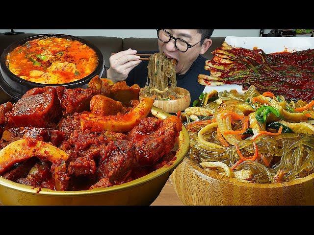 직접만든 동인동식 매운갈비찜과 초간단잡채에 순두부찌개 요리 먹방 MUKBANG