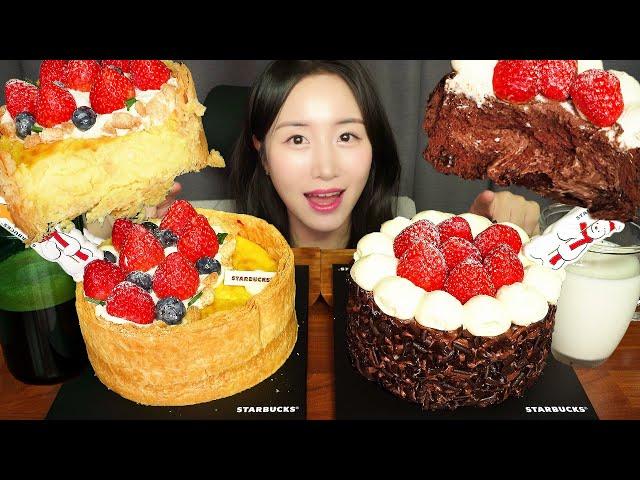 MERRY CHRISTMAS(+STARBUCKS) STRAWBERRY CHOCOLATE CAKE ASMR MUKBANG EATING SOUNDS