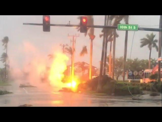 Hurricane Ian raw video: Downed power line in flames in Naples, Florida