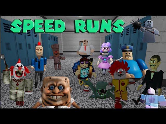 SPEED Run in 16 Scary Obby Games Barry Prison, School, Miss Ani-Tron, Mr Funny, Siren Cop, Horror v9