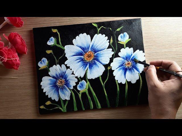 Acrylic Painting On Canvas, Black Canvas Painting Very Easy For Beginners, Flowers Painting