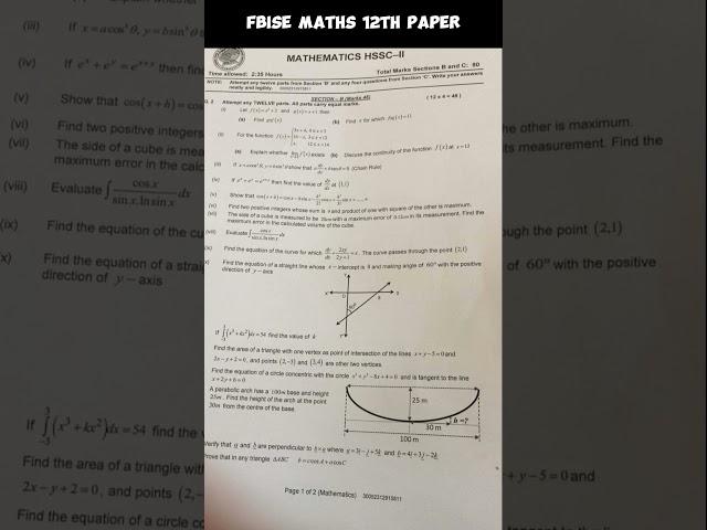 Fbise Maths 12th Guess Paper 2024 - Federal Board Exam