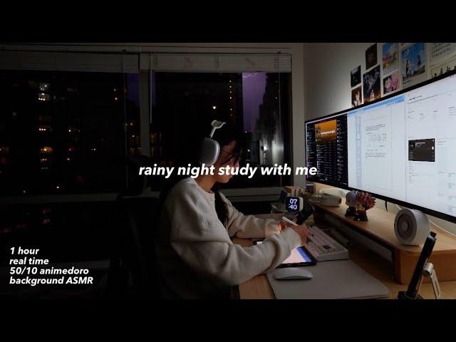 1 HOUR STUDY WITH ME  real time 50/10 animedoro, rainy night vibes, background noise & no music