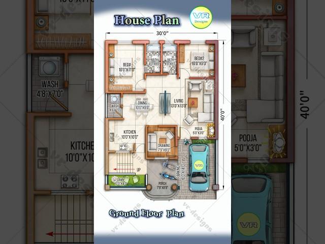 Compact & Modern 30x40 House | 2BHK + Pooja + Car Parking & Porch #houseplan #floorplan #housedesign