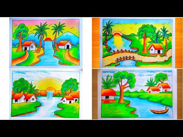 Nature scenery drawing for Beginners | Easy scenery drawing for competition |Village scenery drawing