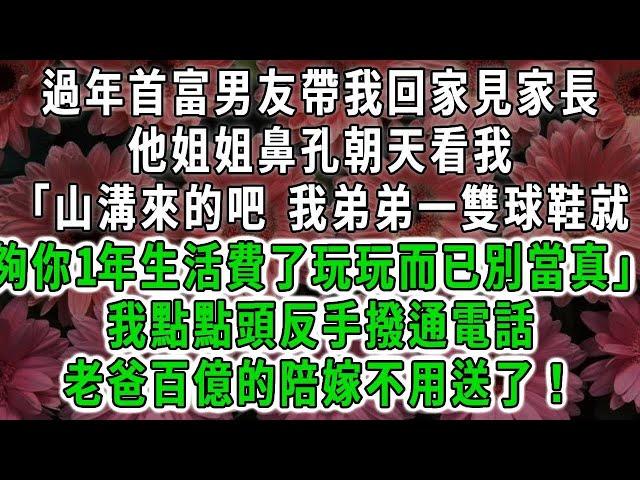 過年首富男友帶我回家見家長,他姐姐鼻孔朝天看我「山溝來的吧 我弟弟一雙球鞋就,夠你一年生活費了玩玩而已別當真」我點點頭反手撥通電話,老爸百億的陪嫁不用送了！#荷上清風#爽文