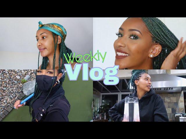 VLOG | Giving Myself Green BoxBraids + Lil  Sis does My Makeup | n More