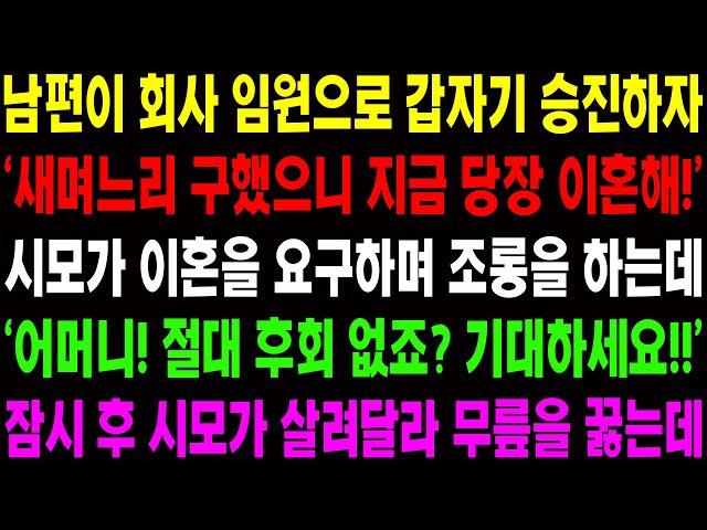 (실화사연) 남편이 회사 임원으로 갑자기 승진하자 '새며느리 구했으니 지금 당장 이혼해' 시모가 이혼을 요구하자 내 진짜 정체를 밝혔더니../ 사이다 사연,  감동사연, 톡톡사연