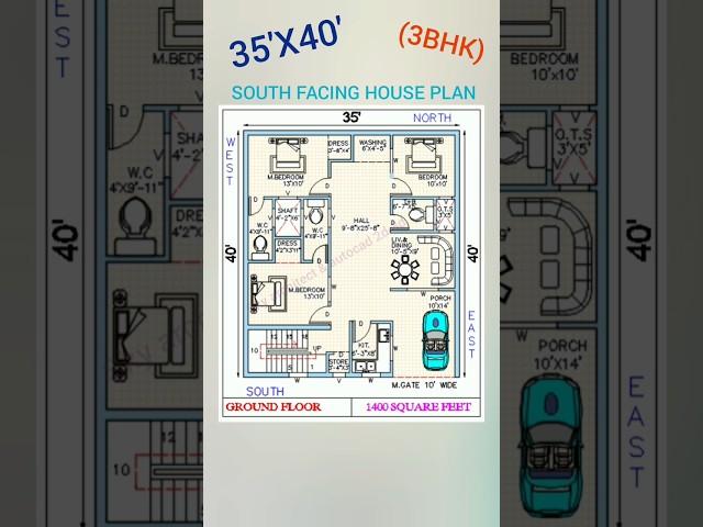 35'X40' SOUTH FACING (3BHK) HOUSE PLAN 1400square feet #buildings #trend