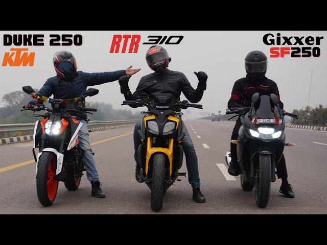 Apache RTR 310 vs KTM Duke 250 vs Suzuki Gixxer SF 250 Drag Race