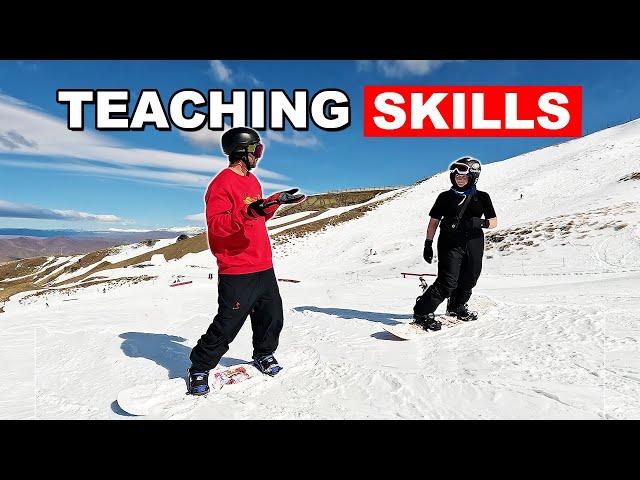 Teaching Snowboarder How to Ride Switch, Ollie & Carve