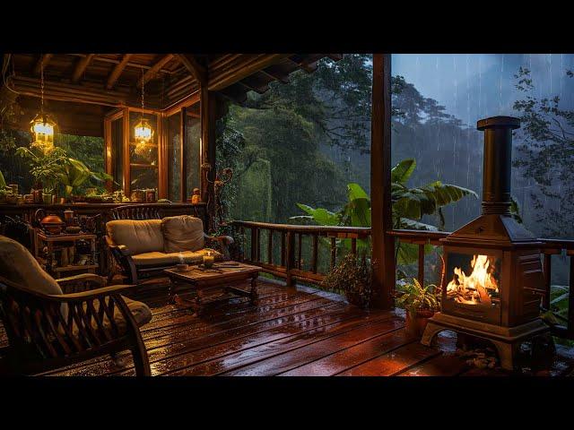 Rainy Tropical Forest Ambience | Soft Rain and Thunder with Fireplace At Cozy Porch | Sleep, Relax