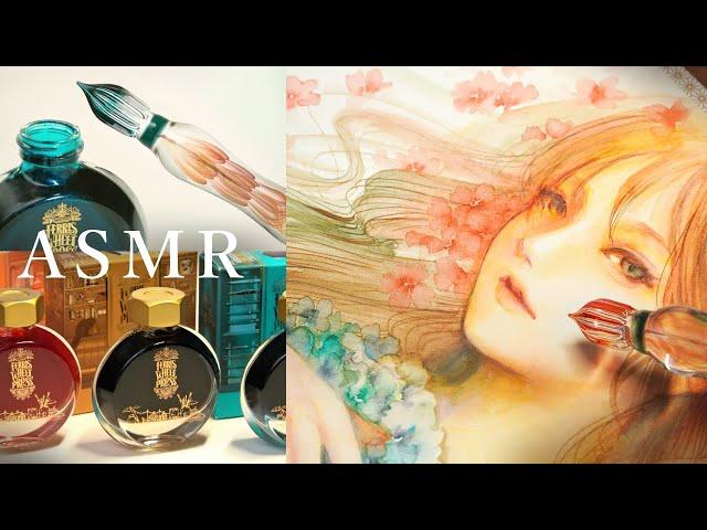 ASMR | DRAWING by Glass Dip Pen and Sparkling Inksa Girl & Flowers