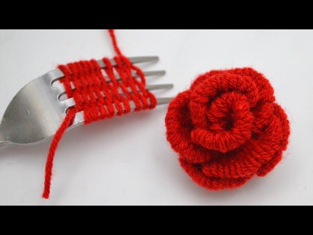 Woolen Rose making trick with fork | No crochet yarn flowers | DIY woolen flower | Embroidery hack