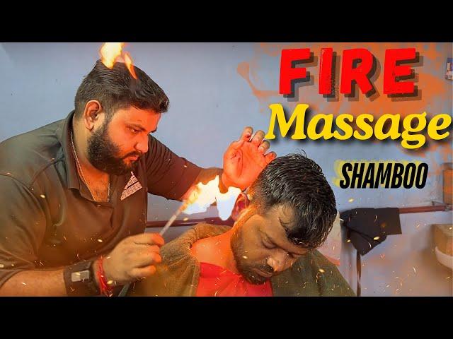 Fire Technique by Shamboo Barber | Asmr Head Massage at Indian barber salon