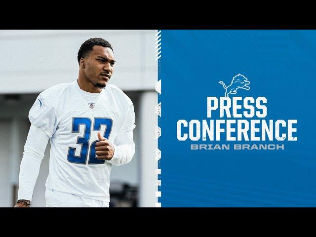 Brian Branch speaks to the media during rookie minicamp