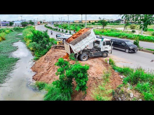 Wonderful show new Project​ Processing 5T Dump truck with MiniDozer pushing soil into water fill up