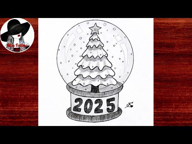 Christmas Drawing | How To Draw Christmas Tree In Snow Globe | Merry Christmas Drawing