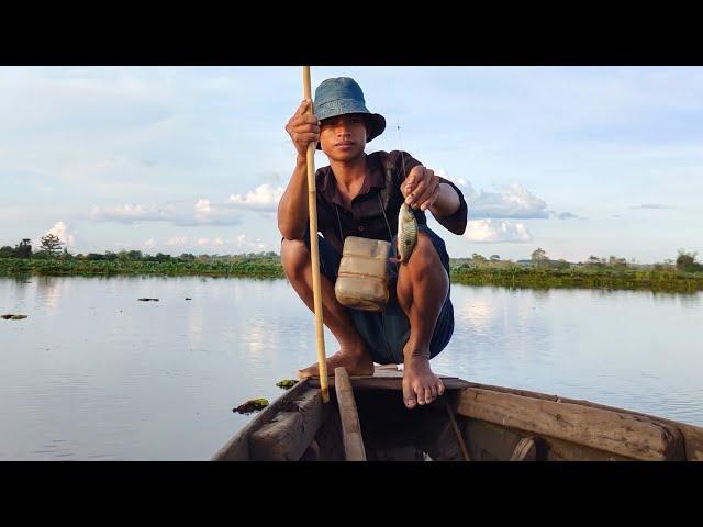 Amazing Hook Fishing on the boat  - Old Traditional Fishing Using bamboo rod catch alot of fishs