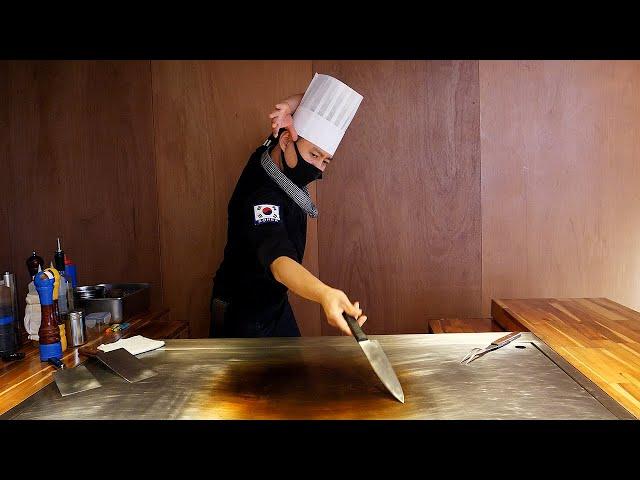 amazing teppanyaki skills, lobster and beef steak - korean street food