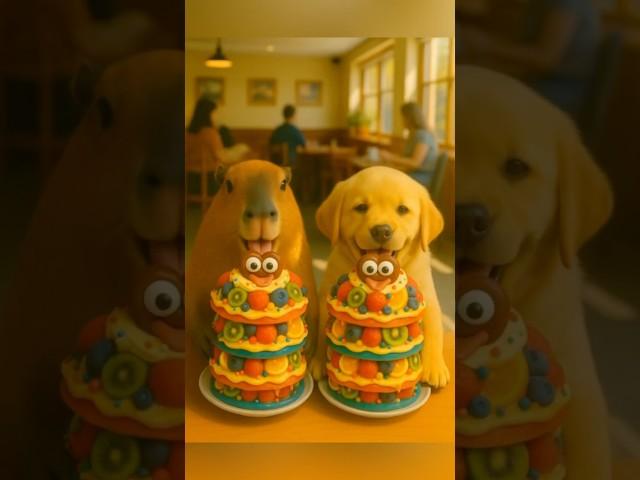 Capybara & Puppy Eat Fruit Pancake Tower #shortsfeed #capybara #puppy