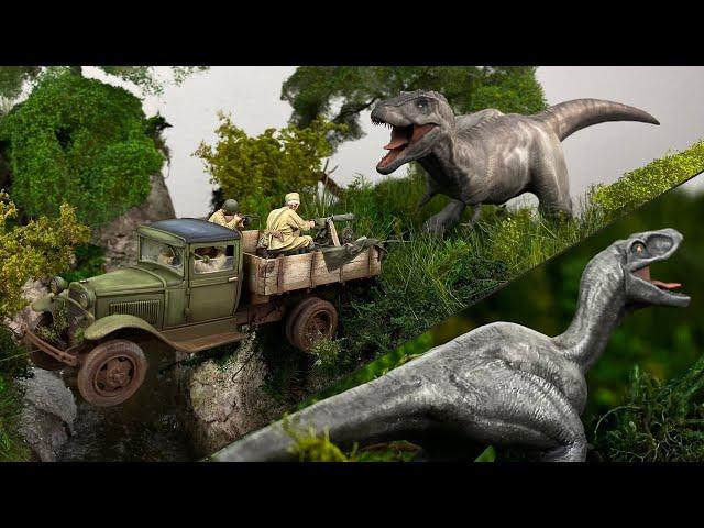 HUGE T.Rex chases Truck Diorama 1:35 - Realistic Epoxy Resin Waterfall