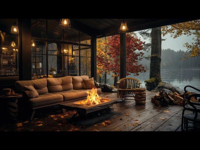 Autumn Cozy Lake House Porch in Rainy Morning with Bonfire and Fall Ambience For Sleep