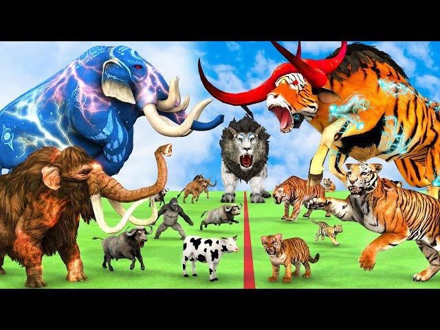 5 Giant Elephant Cow vs 5 Giant Tiger Bull Zombie Elephant Attack Cow Baby Saved by Woolly Mammoth