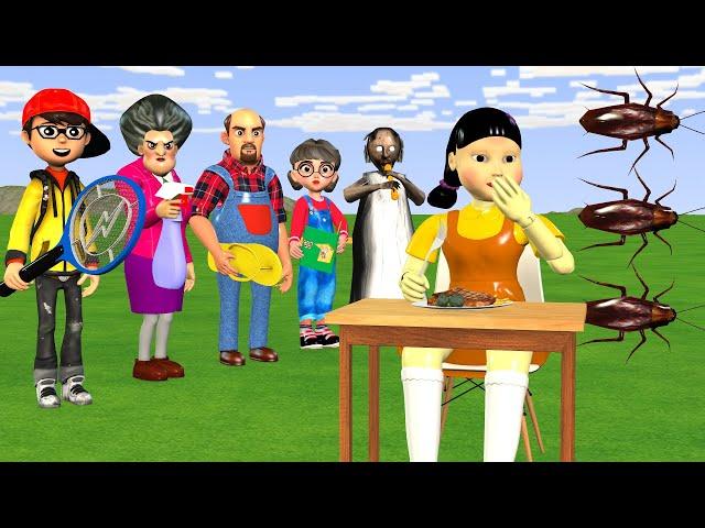 Scary Teacher 3D vs. Squid Game: Squid Doll’s Epic Battle to Repel Cockroaches – 5 Times Challenge!