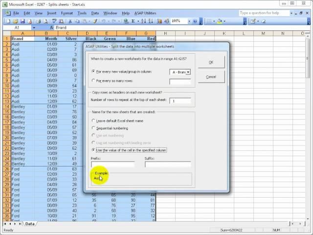 Split the selected range into multiple worksheets with ASAP Utilities