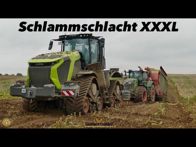 SCHLAMMSCHLACHT WIE SIE IM BUCHE STEHT Inkl. CLAAS XERION 12650 Maisernte auf schlammigen Lehmboden