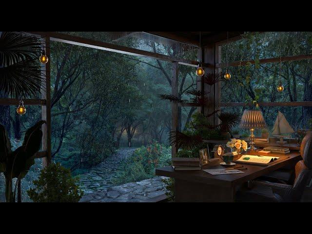 Cottage Study Room with Lush Forest View  -  Rain Sounds for Focus and Relaxation