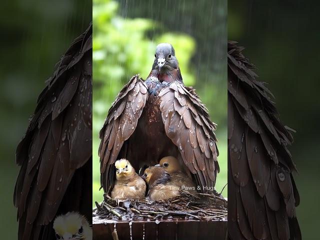 Mother Pigeon Sheltering Her Chicks from the Rain #mother #birds #pigeon