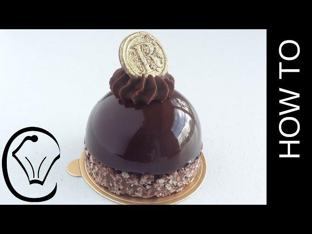 Shiny Mirror Glaze Mousse Dome with Crispy Chocolate Base and Ganache Topping