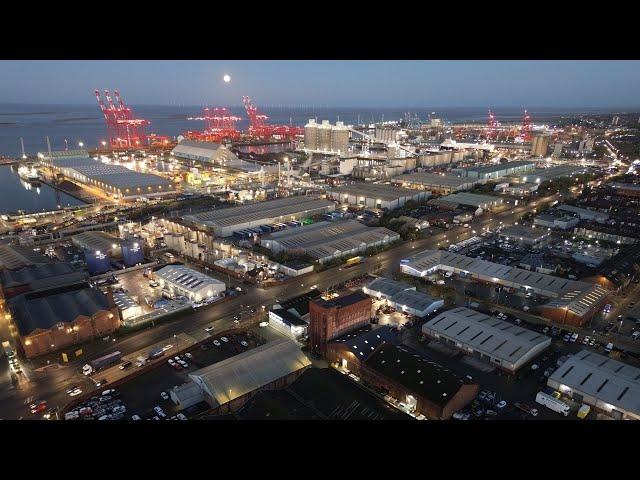 Amazing Early Morning Blue Hour Drone Footage of Bootle Industrial Area and Docks With Bright Lights