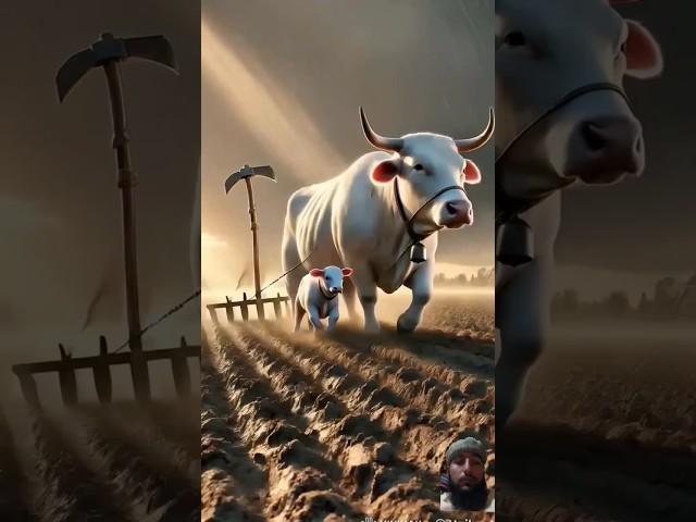 A cow and her calf are plowing a field.            The story of a very beautiful cow