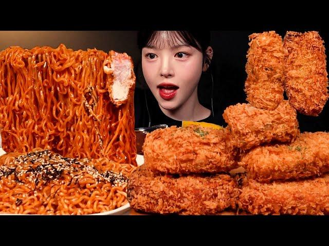 Crunchy Cheese Pork Cutlet with Buldak Noodles Mukbang ASMR