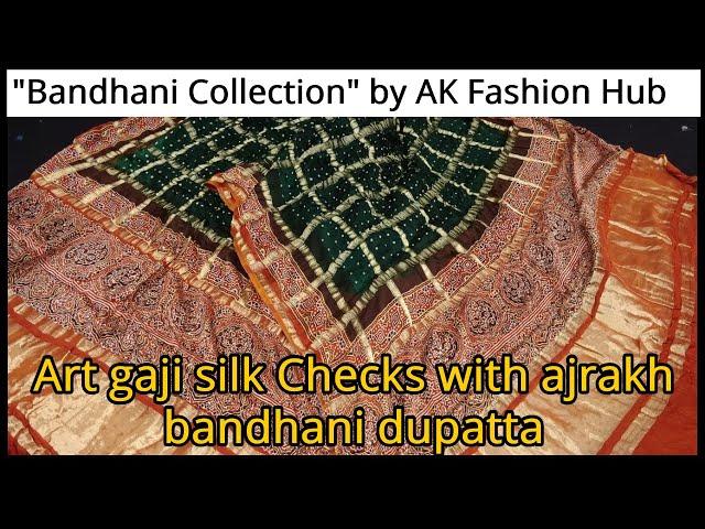 Bandhani Dupatta set-83 | Art gaji silk Checks with ajrakh bandhani dupatta