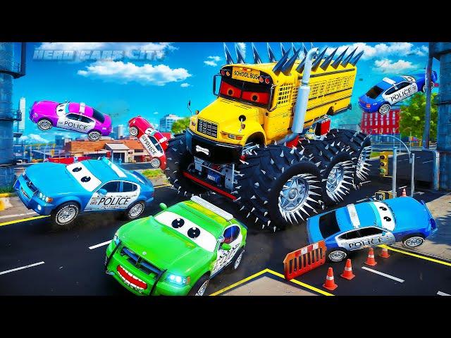 Giant Monster School Bus Rampage: Heroic Police Cars & City Cars Fight Back in Rescue Mission!