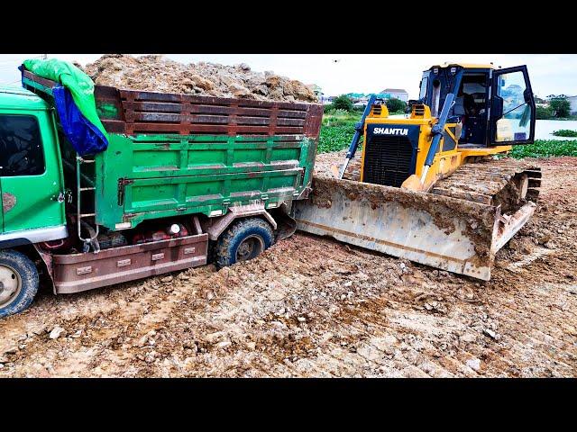 Impressive Working!! Shantui Bulldozer Pushjng Soil Filling The Lake With 5T Dump Trucks