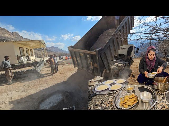 Heavy machinery and teamwork: delivering sand and building a new house.