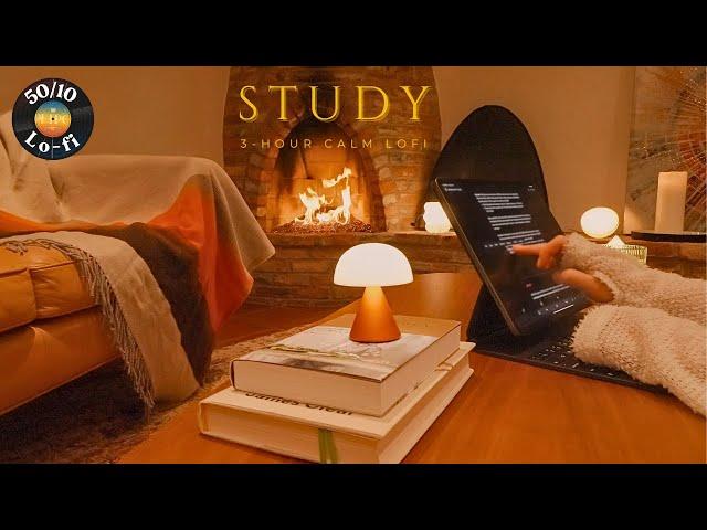 3-Hour Lofi Study With Me by the Fireplace| 50-10 Pomodoro Timer & Focus, Relaxing Background Music