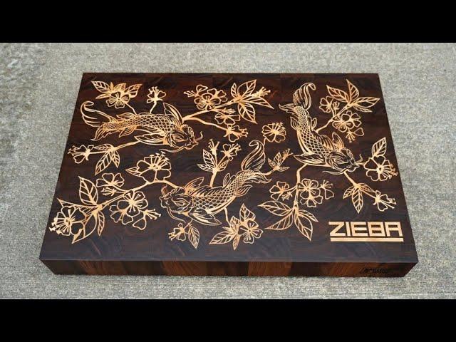 Koi fish cutting board / butcher block. Zieba board #3. Cnc inlay. Wood inlay 4k video.