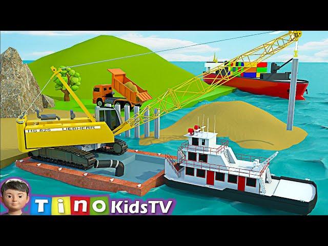 Dump Trucks  and Crawler Crane Truck for Kids | Sea Port Harbor Construction