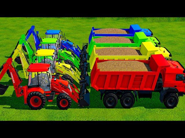 TRUCKS with Colors - WOODCHIPS LOAD WORK with CAT Backhoe Loaders - Farming Simulator 22