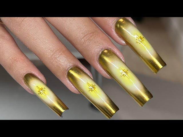 Gold Chrome Nails | Aura Airbrush Nails | Star Charms | Gel-X Nails | Tapered Square Gel-X